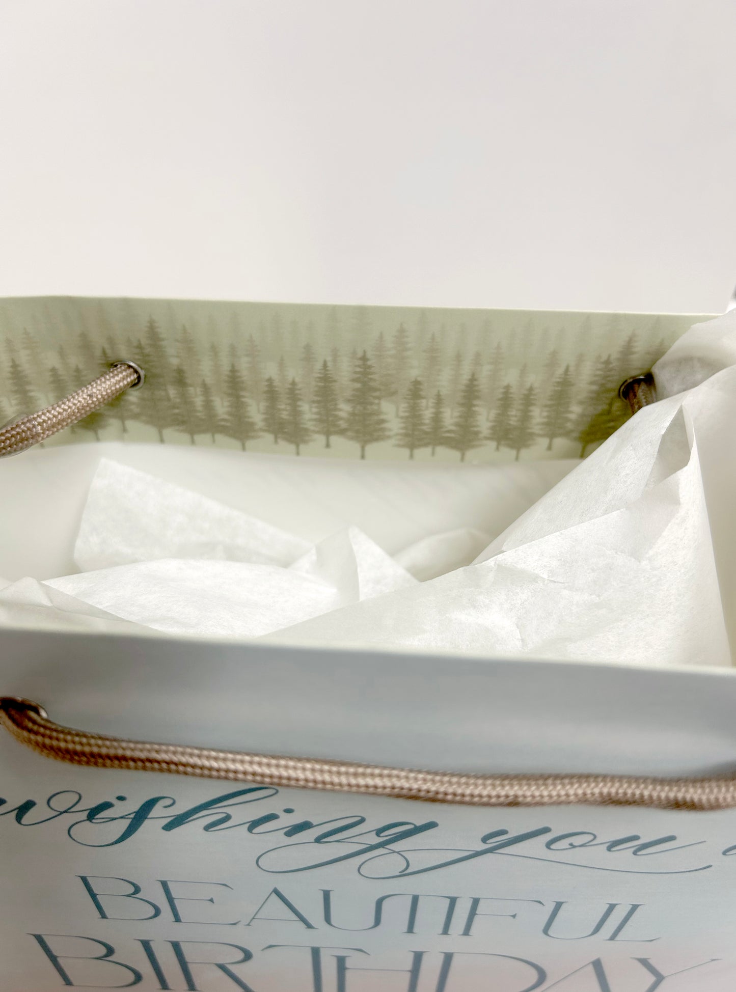 Inside lip of Rust Belt Love's birthday gift bag to focus on the tree illustration detail