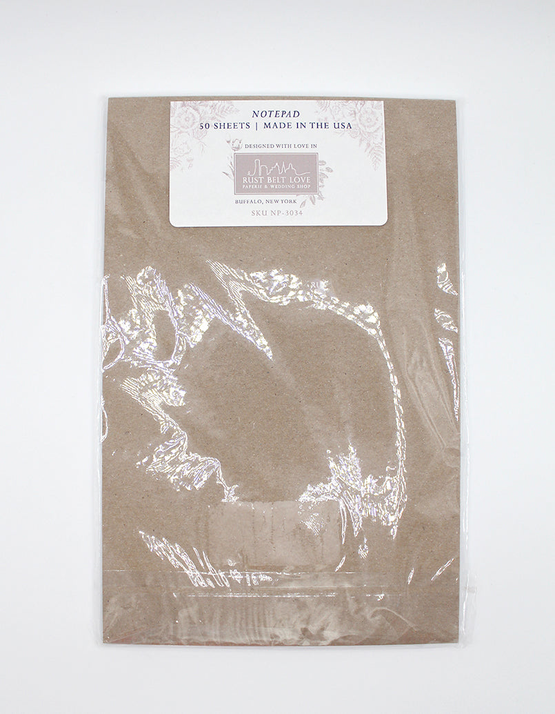 Back of Rust Belt Love's notepad in packaging