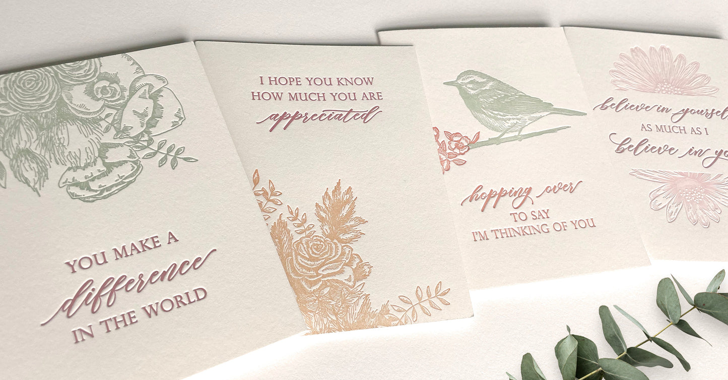 A variety of letterpress encouragement cards with florals by Rust Belt Love