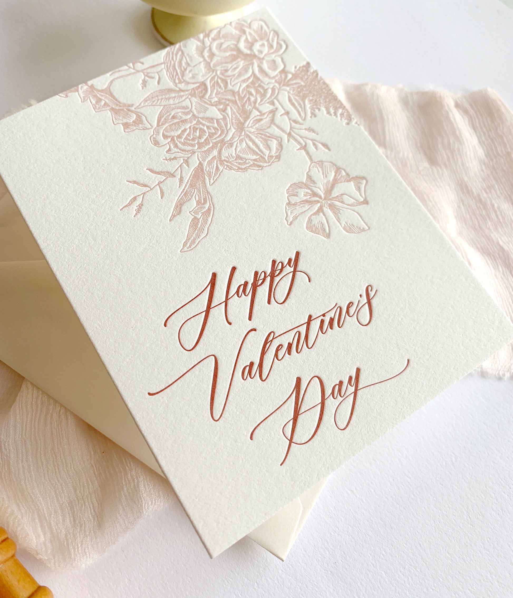 Letterpress love card with florals that says "Happy Valentine's Day" by Rust Belt Love