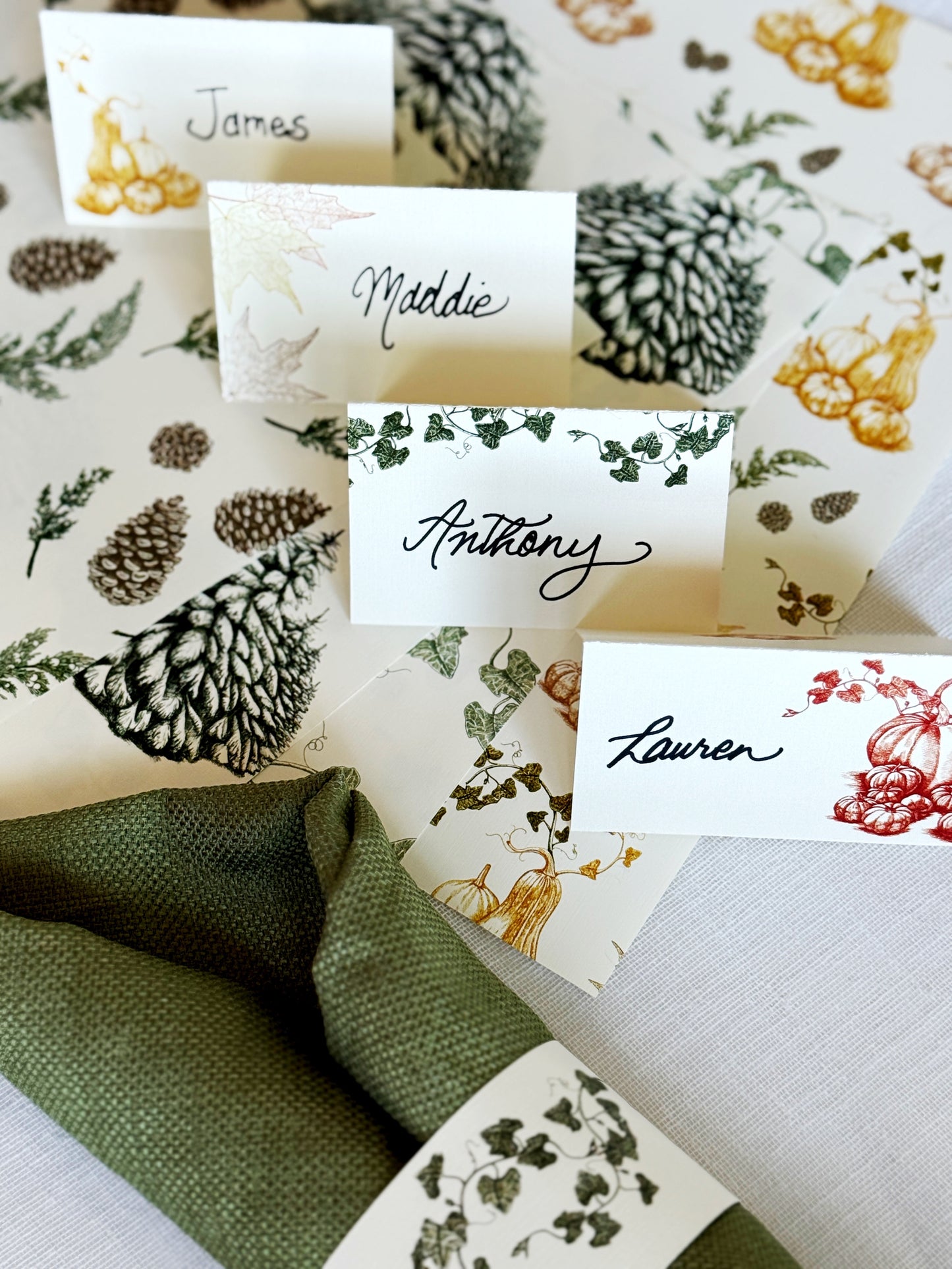 Autumn Harvest Place Cards- Double-sided Table Tents (Set of 12)