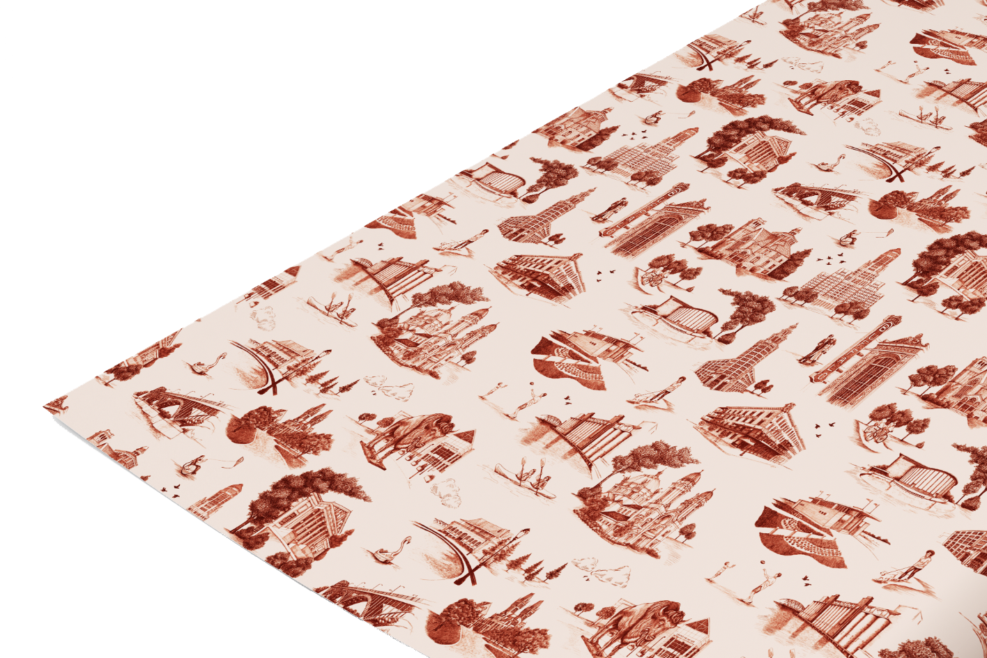 Wrapping paper roll by Rust Belt Love with a toile de buffalo print that includes famous landmark illustrations from Buffalo.