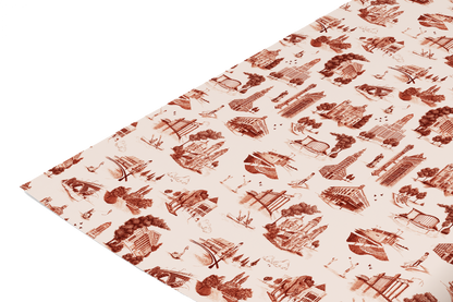 Wrapping paper roll by Rust Belt Love with a toile de buffalo print that includes famous landmark illustrations from Buffalo.