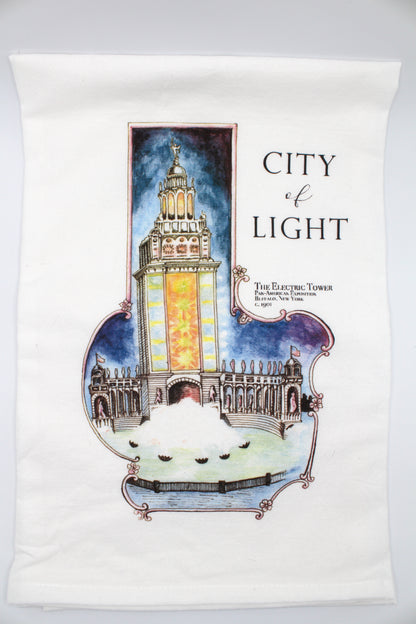 White Tea Towel with electric tower illustration that says "City of Light" by Rust Belt Love