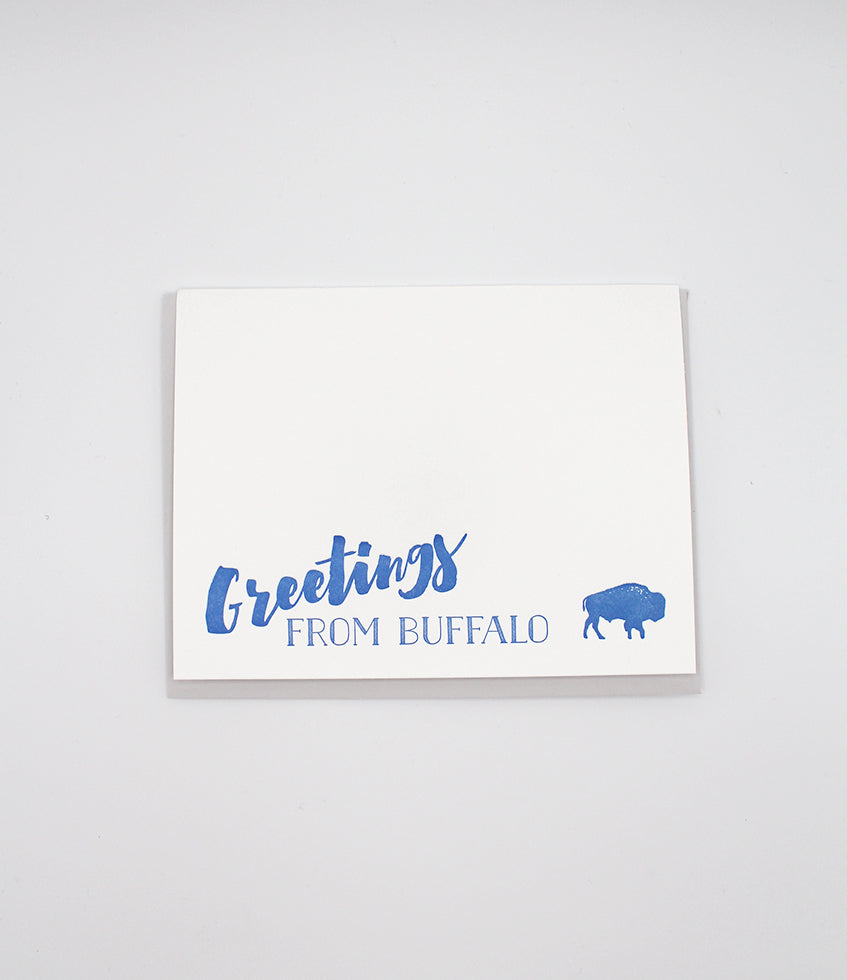 Letterpress greeting card in blue ink with a small buffalo in the corner that reads "Greetings from Buffalo", by Rust Belt Love.