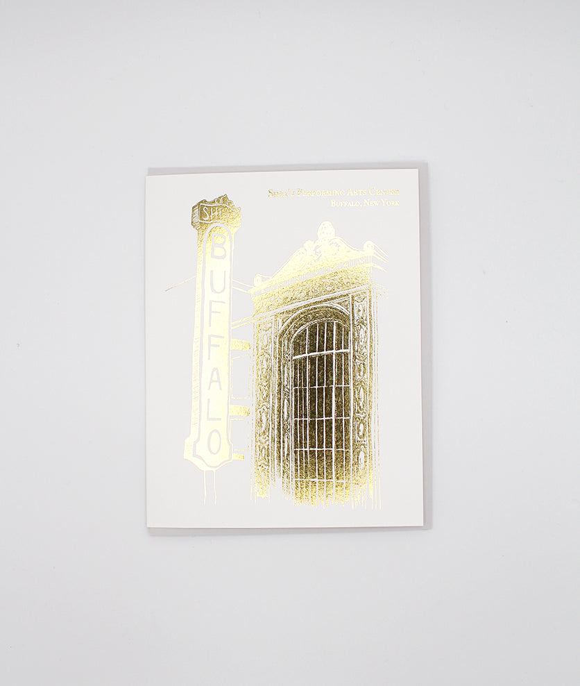 Gold foil illustration of Shea's from Rust Belt Love that reads "Shea's Performing Arts Center Buffalo, New York"