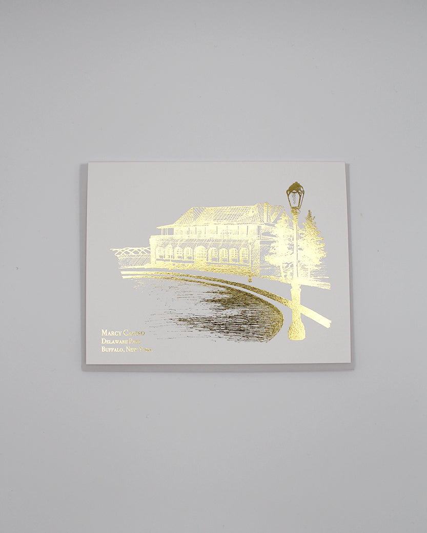 Digital gold foil printed Buffalo, NY landmark card of Marcy Casino at Delaware Park