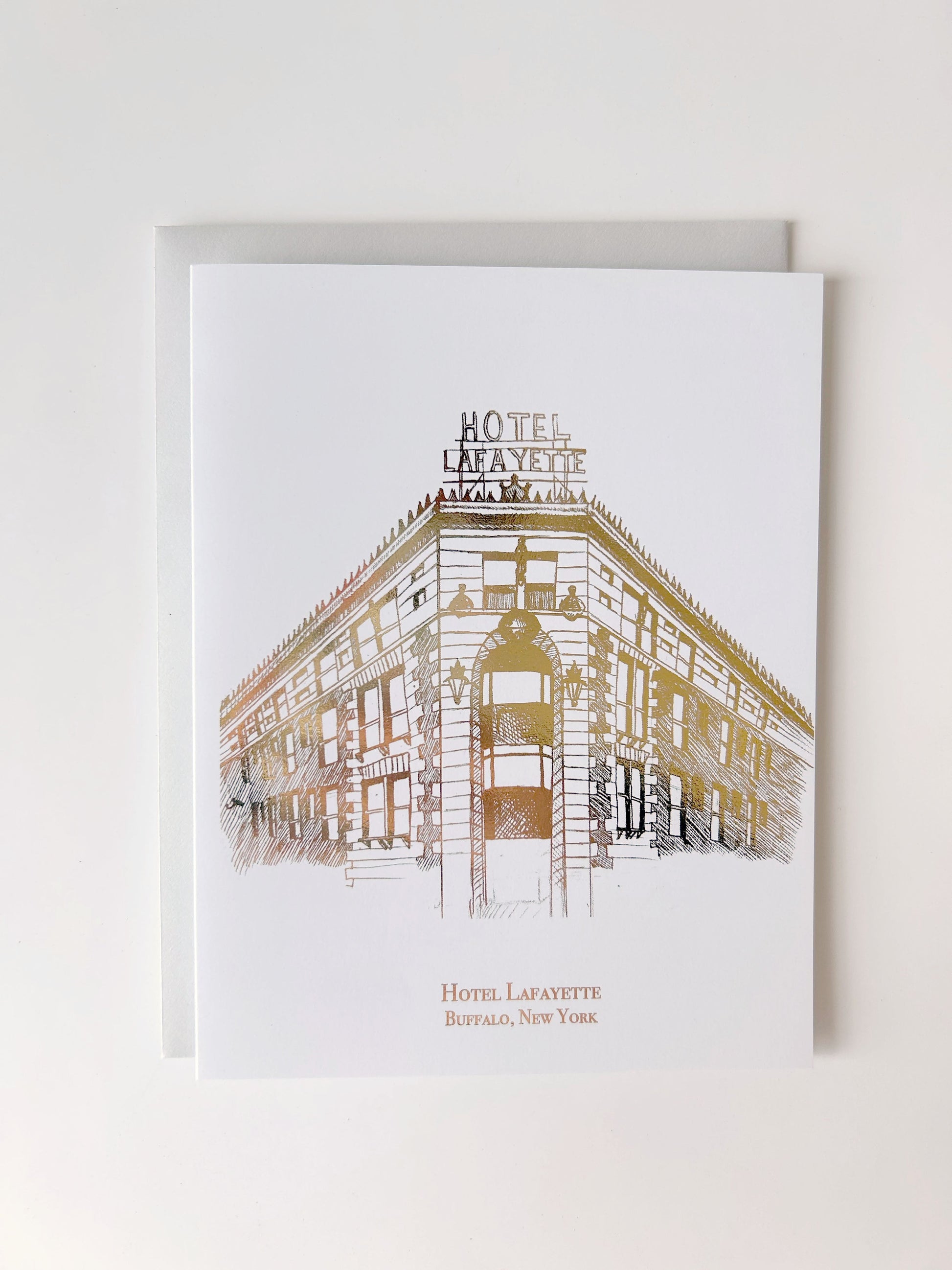 Gold foil illustration that says "Hotel Lafayette Buffalo, New York" designed by Rust Belt Love