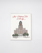 Letterpress greeting card with Buffalo's city hall illustrated on it that reads "It's Christmas Time in the city" by Rust Belt Love.