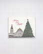 Letterpress holiday card of Downtown Buffalo that reads "Merry and Bright" from Rust Belt Love