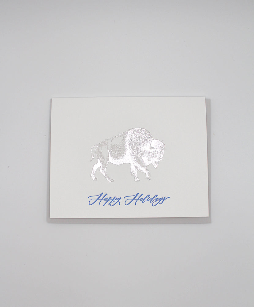 Silver foil buffalo greeting card that reads "Happy Holidays" by Rust Belt Love