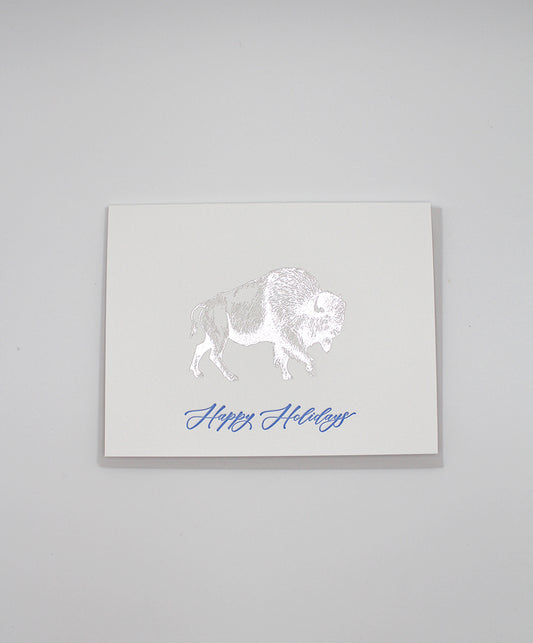 Silver foil buffalo greeting card that reads "Happy Holidays" by Rust Belt Love