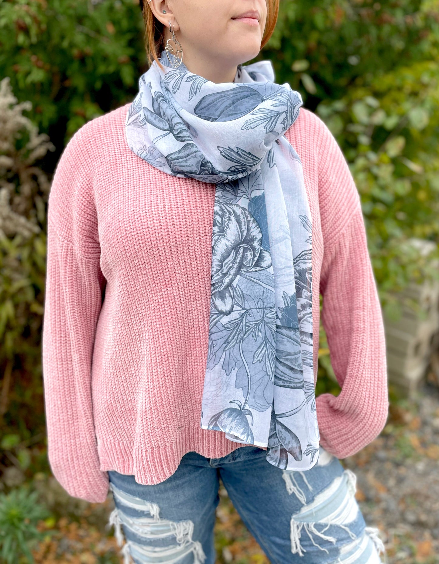 Woman modeling blue grey floral scarf by Rust Belt Love