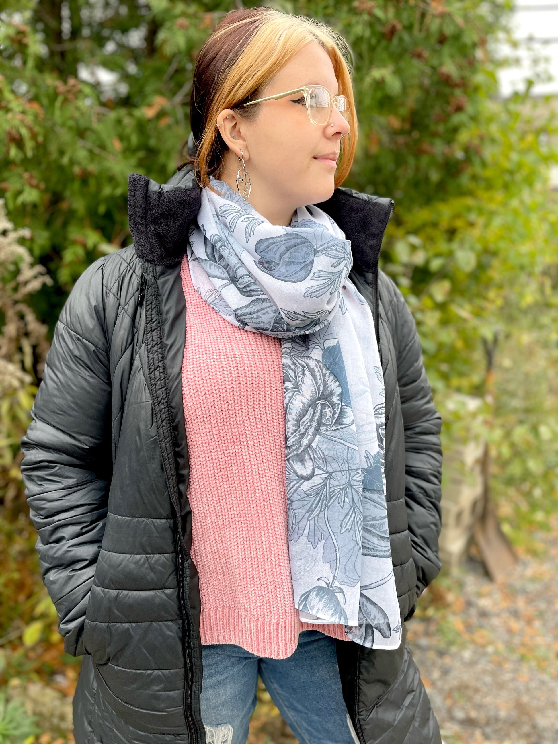 Woman modeling blue grey floral scarf by Rust Belt Love