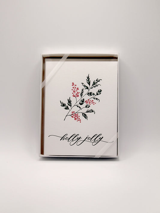 Box set of holiday letterpress greeting cards with jolly on them that reads "holly jolly" by Rust Belt Love