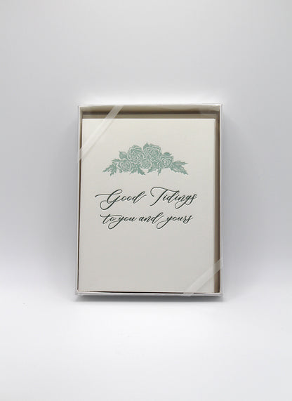 Letterpress holiday cards in a box with florals that says " Good tidings to you and yours" by Rust Belt Love