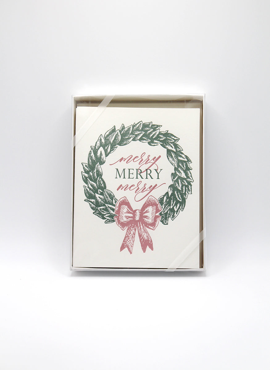 Box of letterpress holiday cards with wreath that says "Merry merry merry" by Rust Belt Love