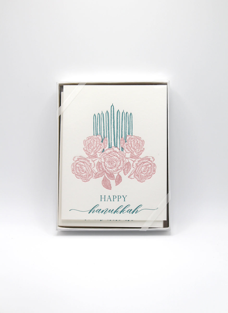 Box set of letterpress greeting cards with candles and florals that reads "Happy Hanukkah" by Rust Belt Love