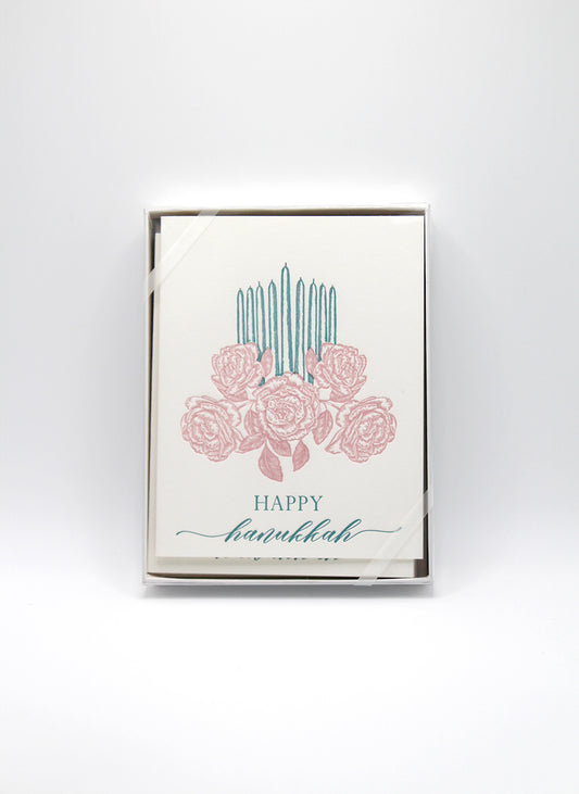 Box set of letterpress greeting cards with candles and florals that reads "Happy Hanukkah" by Rust Belt Love