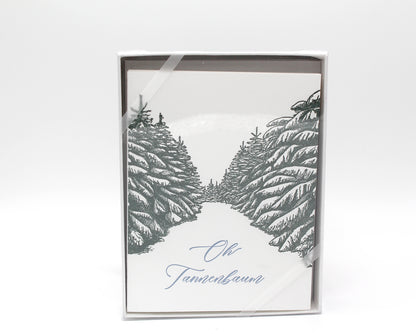 Box of letterpress holiday cards with trees that reads "Oh Tannenbaum" by Rust Belt Love