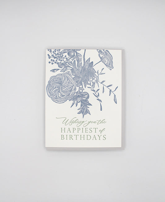 Letterpress birthday card with florals that says "Wishing you the happiest of birthdays" by Rust Belt Love