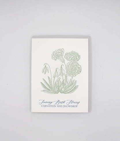 Letterpress birthday card with florals that says "January birth flowers carnation and snowdrop" by Rust Belt Love