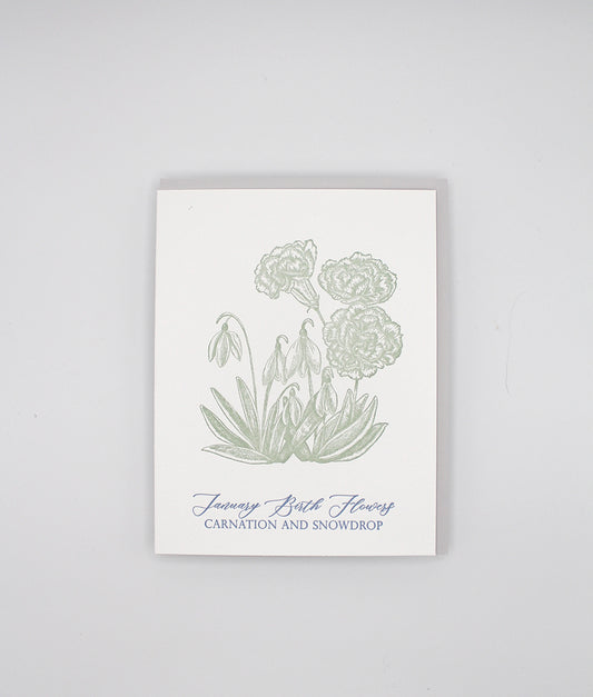 Letterpress birthday card with florals that says "January birth flowers carnation and snowdrop" by Rust Belt Love