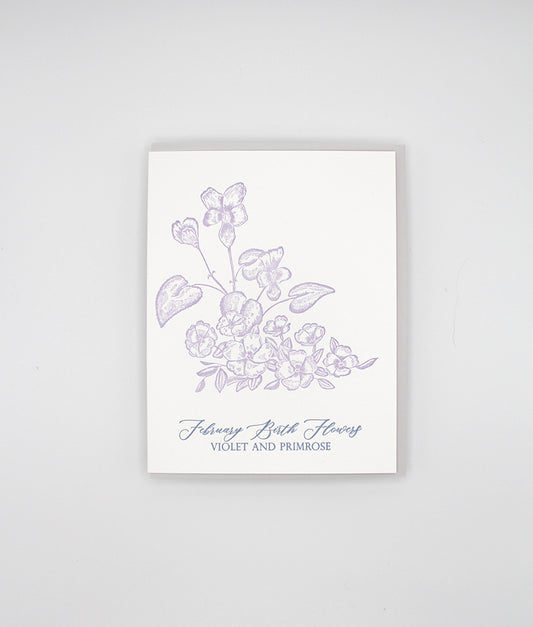 Letterpress birthday card with florals that says "February Birth Flowers, Violet and Primrose" by Rust Belt Love