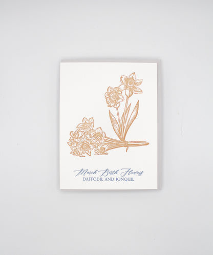 Letterpress birthday card with florals that says "March birth flowers daffodil and jonquil" by Rust Belt Love