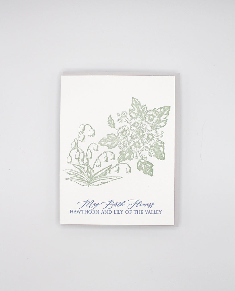 Letterpress card with florals that reads "May birth flowers hawthorn and lily of the valley" by Rust Belt Love