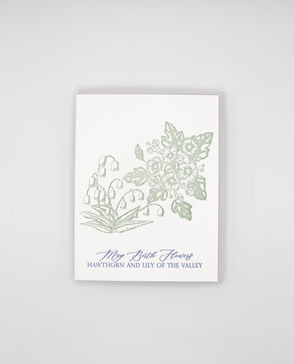 Letterpress card with florals that reads "May birth flowers hawthorn and lily of the valley" by Rust Belt Love