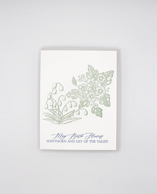 Letterpress card with florals that reads "May birth flowers hawthorn and lily of the valley" by Rust Belt Love