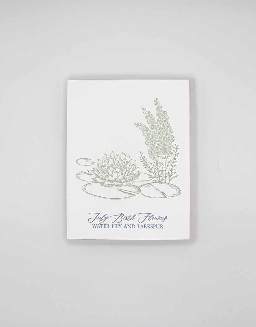 Letterpress birthday card with florals that says "July birth flowers water lily and larkspur" by Rust Belt Love