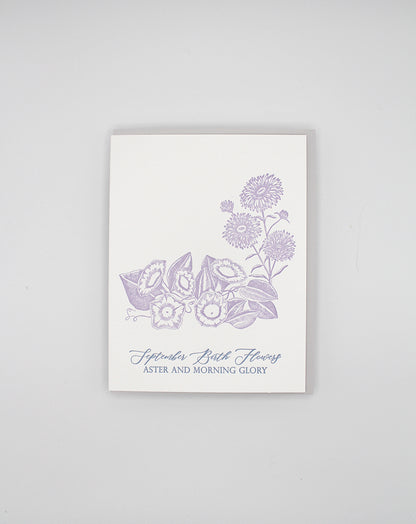 Letterpress birthday card with florals that says "Septmeber birth flowers aster and morning glory" by Rust Belt Love