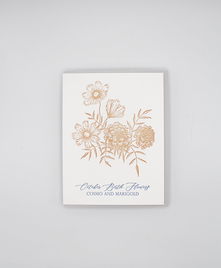 Letterpress birthday card with florals that reads "October Birth Flowers cosmo and marigold" by Rust Belt Love