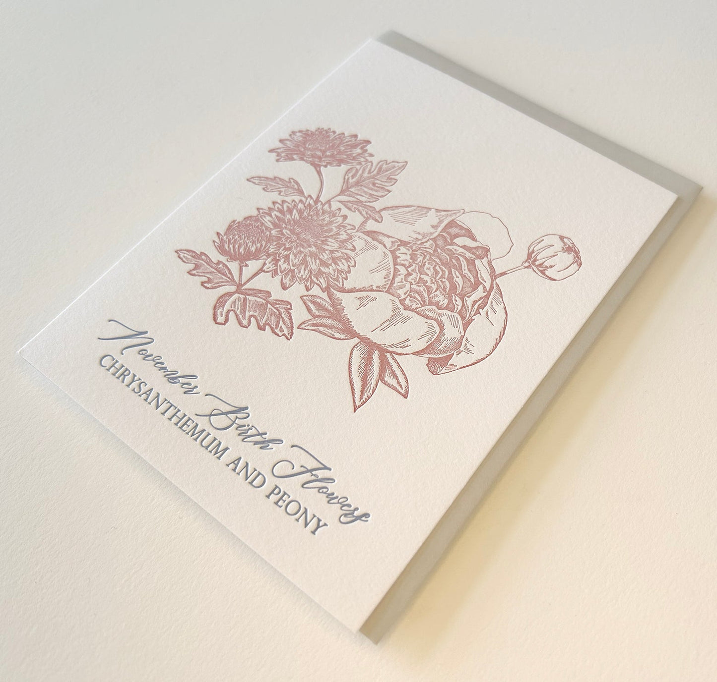 Letterpress birthday card with florals that says "November birth flowers chrysanthemum and peony" by Rust Belt Love