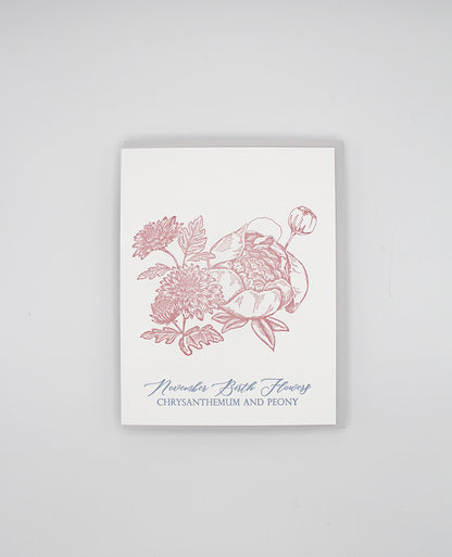 Letterpress birthday card with florals that says "November birth flowers chrysanthemum and peony" by Rust Belt Love