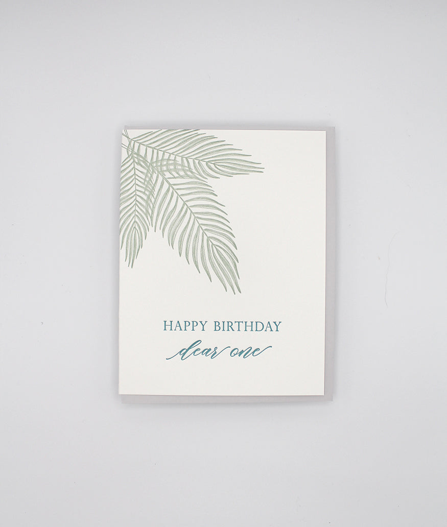 Letterpress birthday card with leaves in the corner that says "Happy Birthday Dear One" by Rust Belt Love