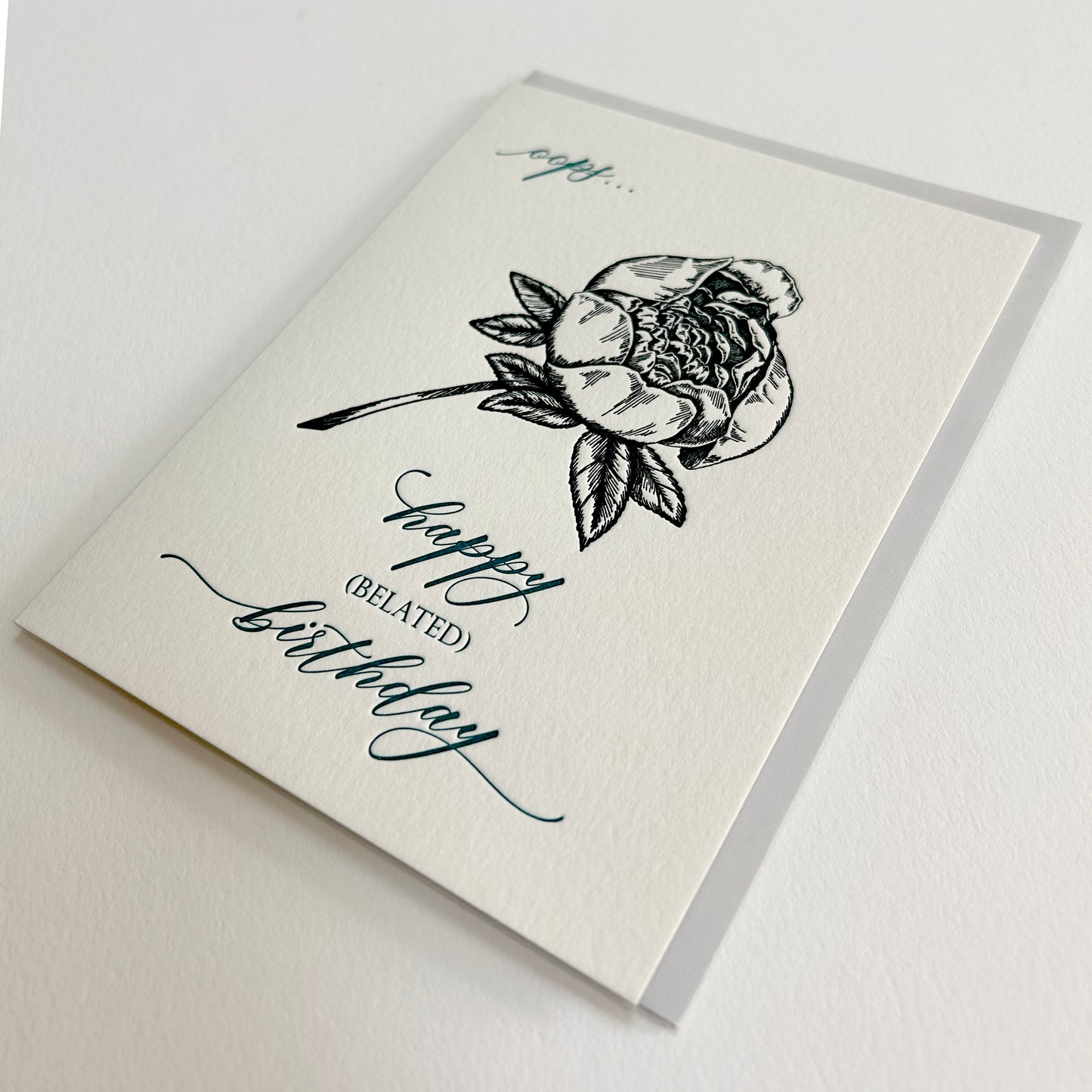 Letterpress birthday card with flower that reads "oops...happy (belated) birthday" by Rust Belt Love