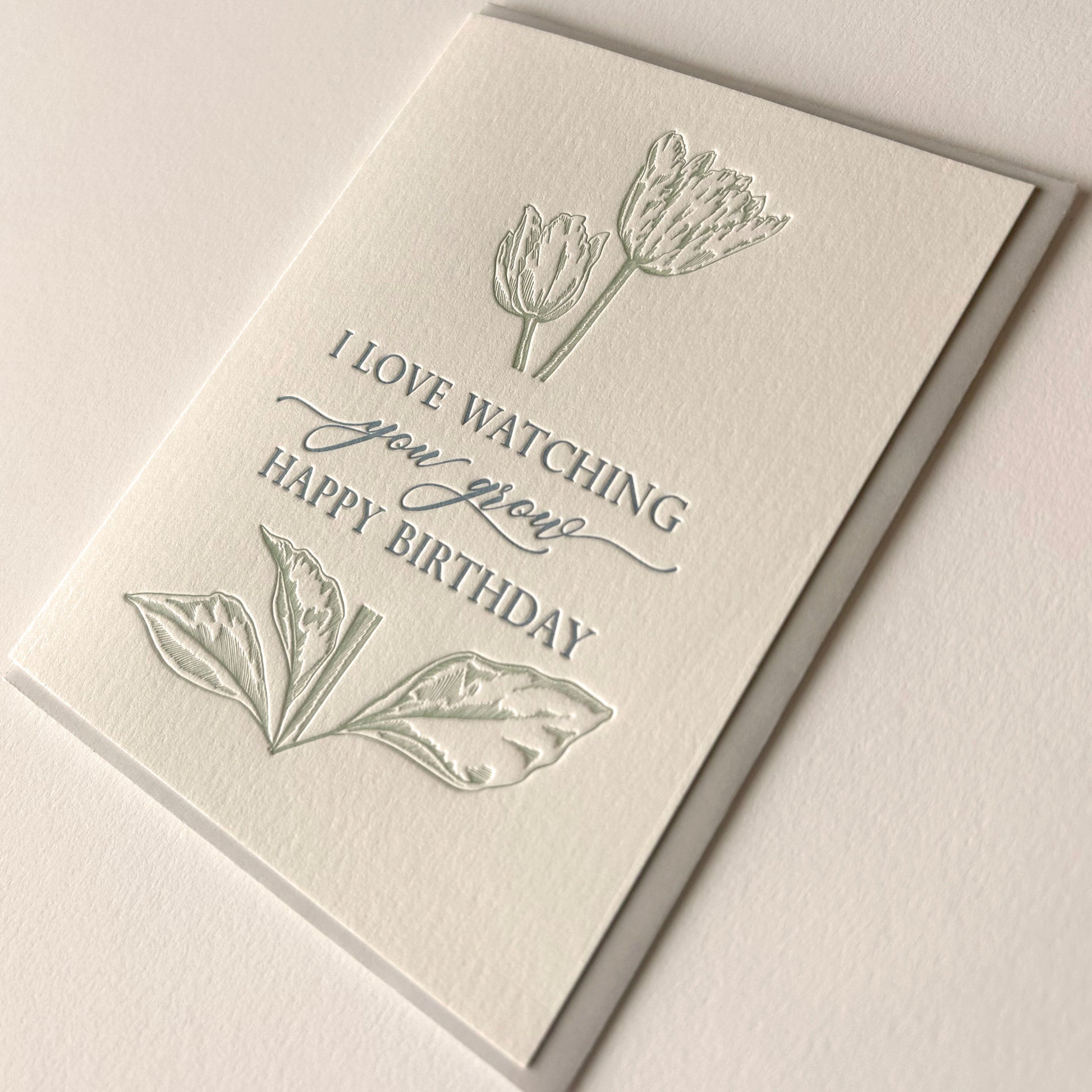 Letterpress birthday card with flowers that says " I love watching you grow happy birthday" by Rust Belt Love