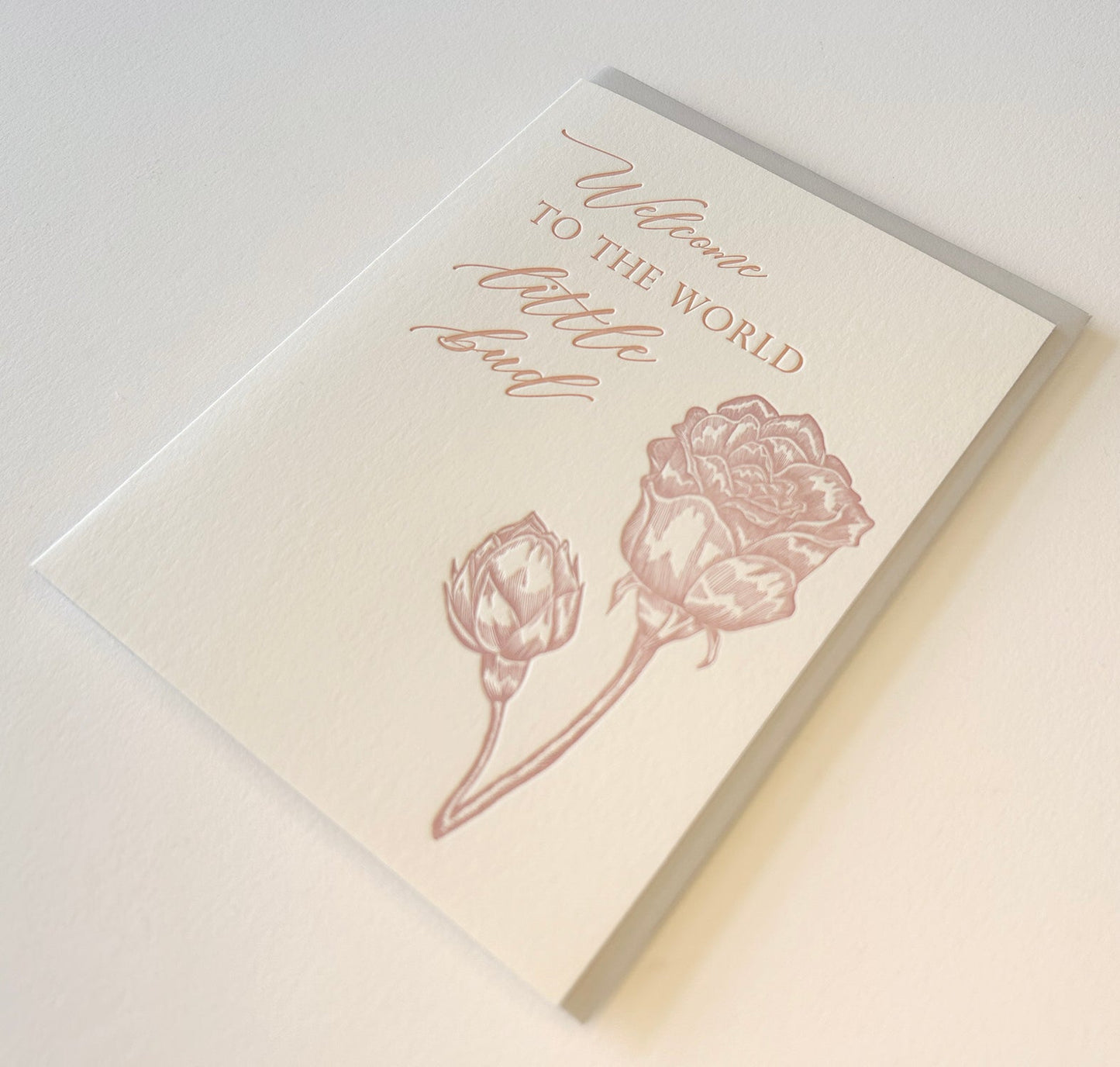 Letterpress congrats card with florals that says "Welcome to the world little bud" by Rust Belt Love