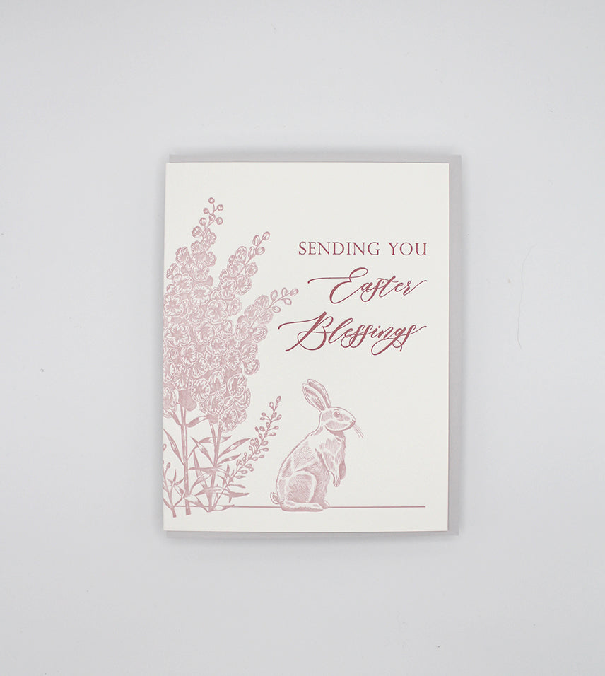 Letterpress Easter card with flowers and a bunny that says " Sending You Easter Blessings" by Rust Belt Love