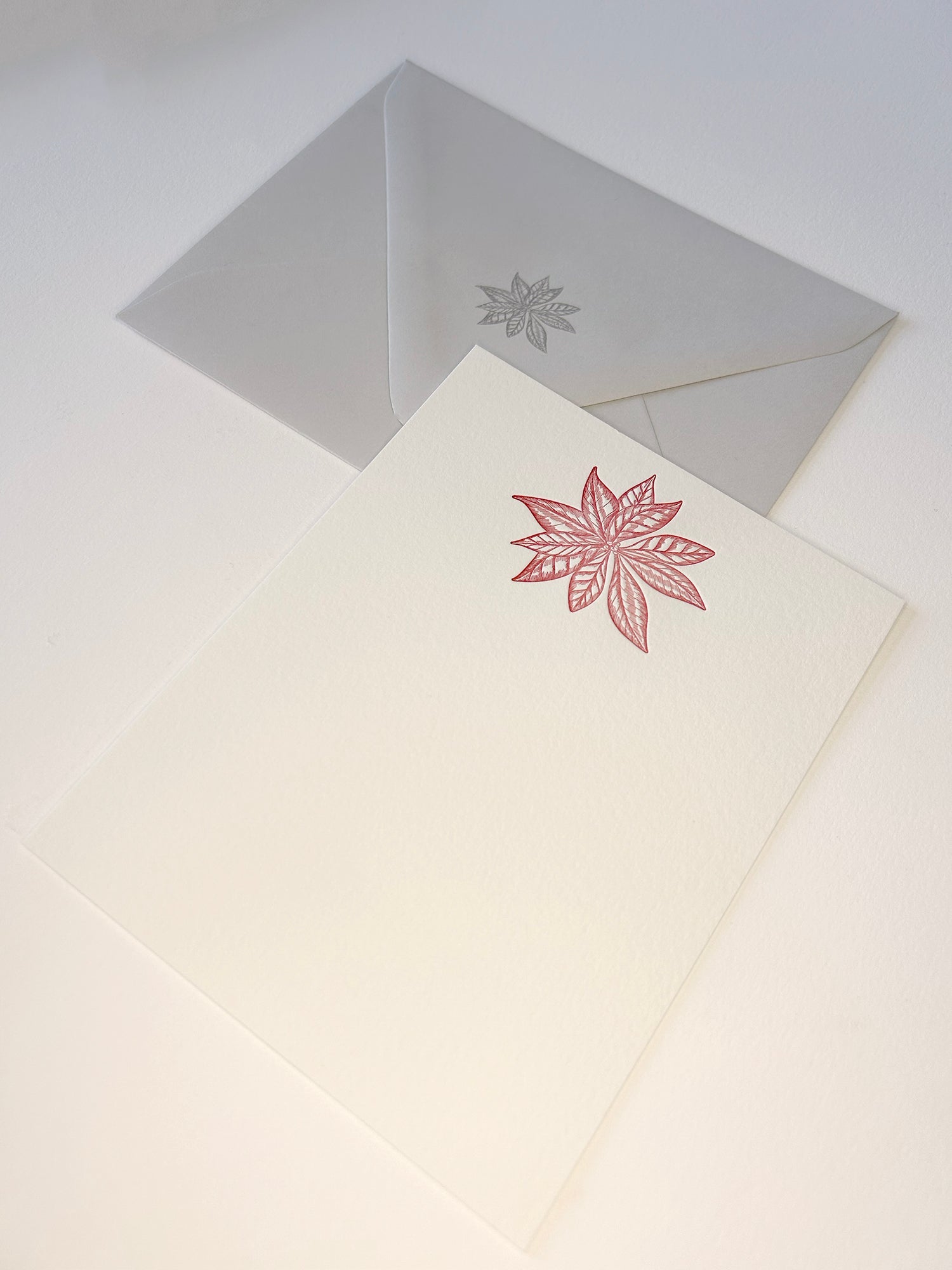 Letterpress flat note card with a red poinsettia by Rust Belt Love