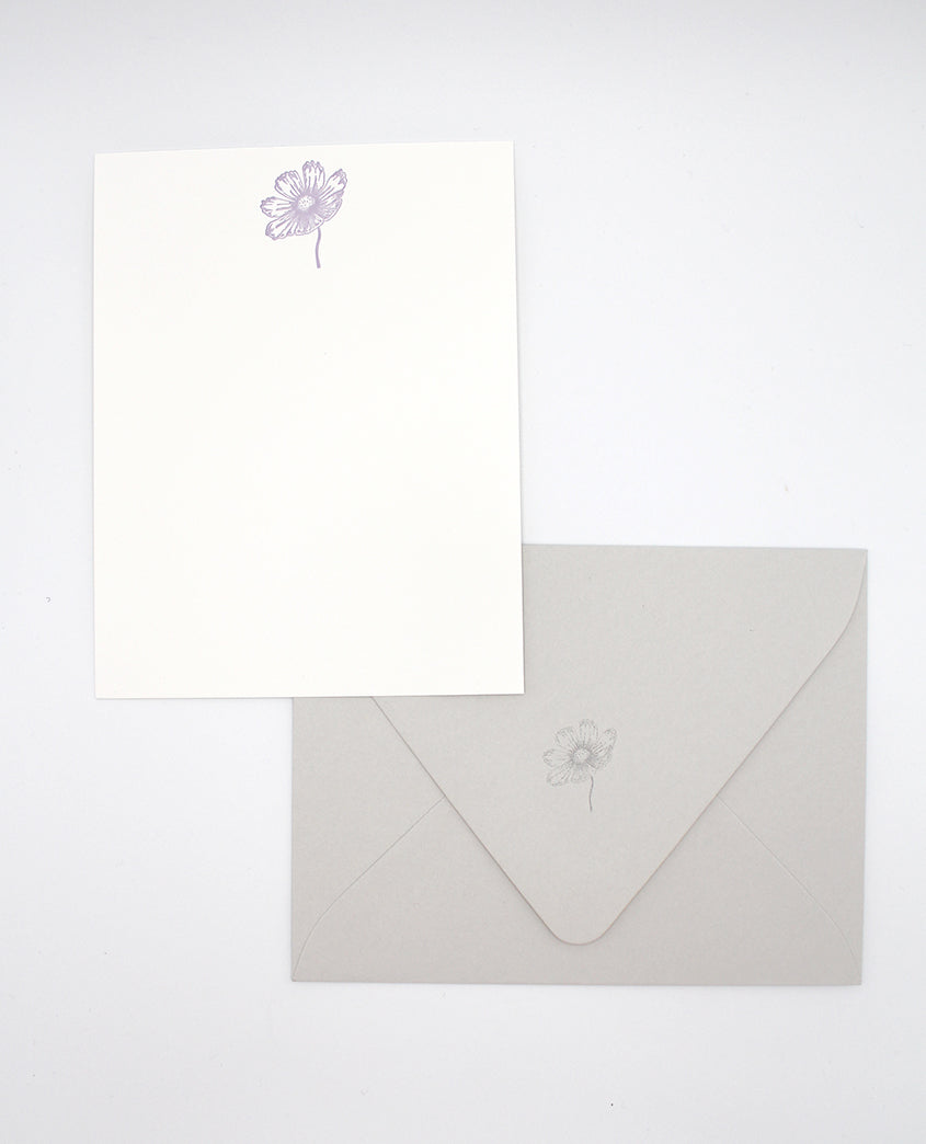 Letterpress flat note card with a purple cosmo flower by Rust Belt Love