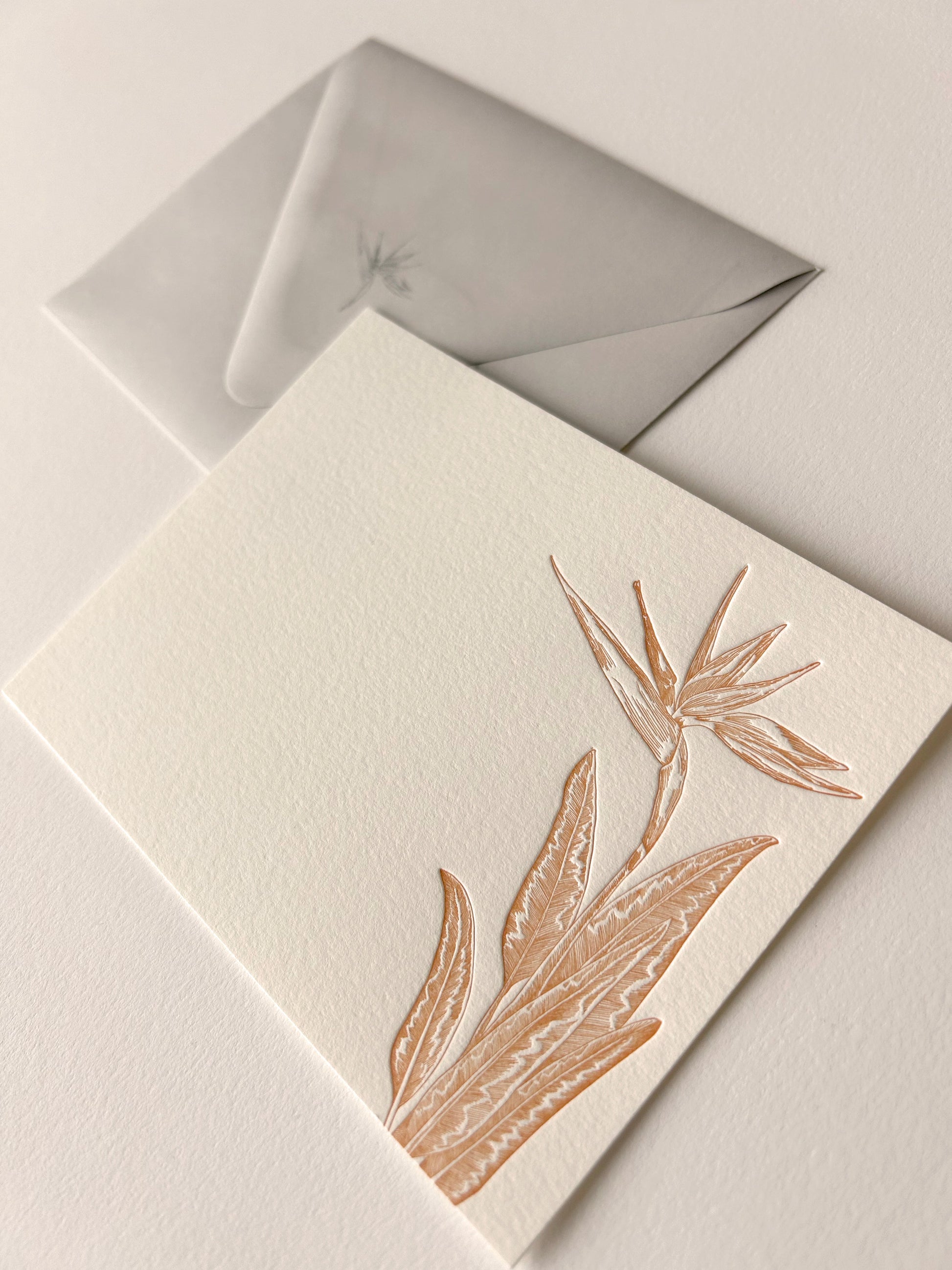 Letterpress flat note card with an orange bird of paradise by Rust Belt Love