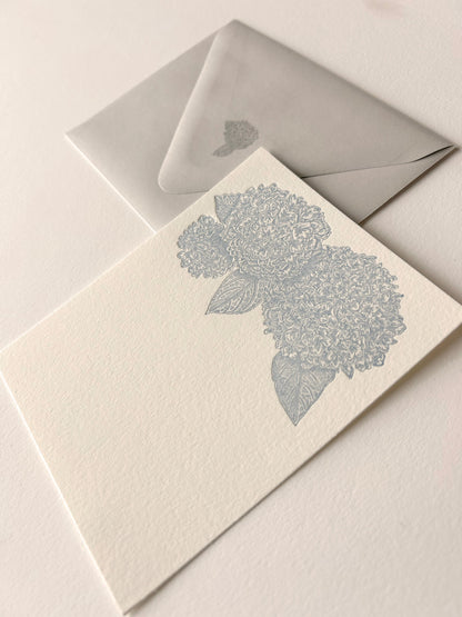 Letterpress note card with hydrangea on it and matching grey envelope from Rust Belt Love