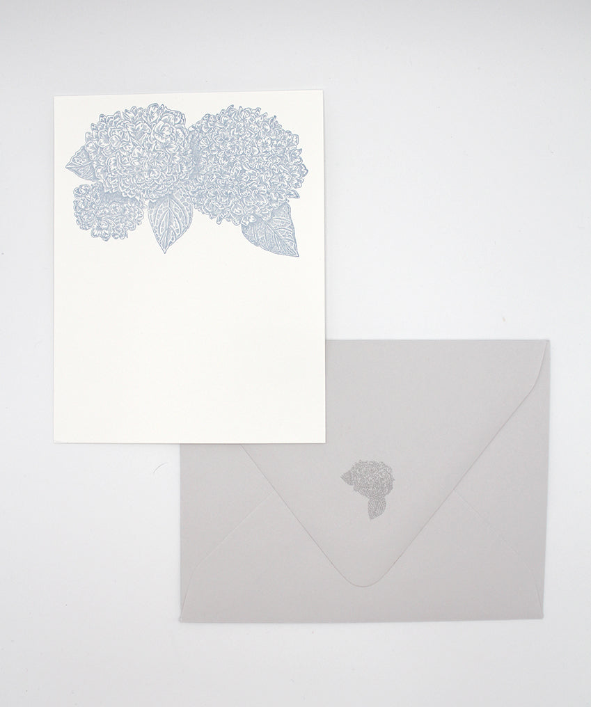 Letterpress note card with hydrangea on it and matching grey envelope from Rust Belt Love