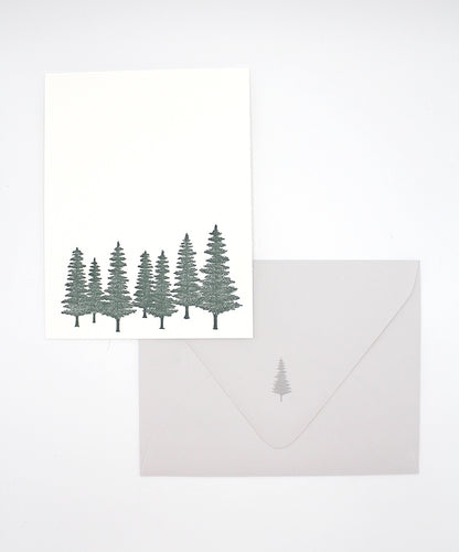 Letterpress note card with green evergreens on it by Rust Belt Love