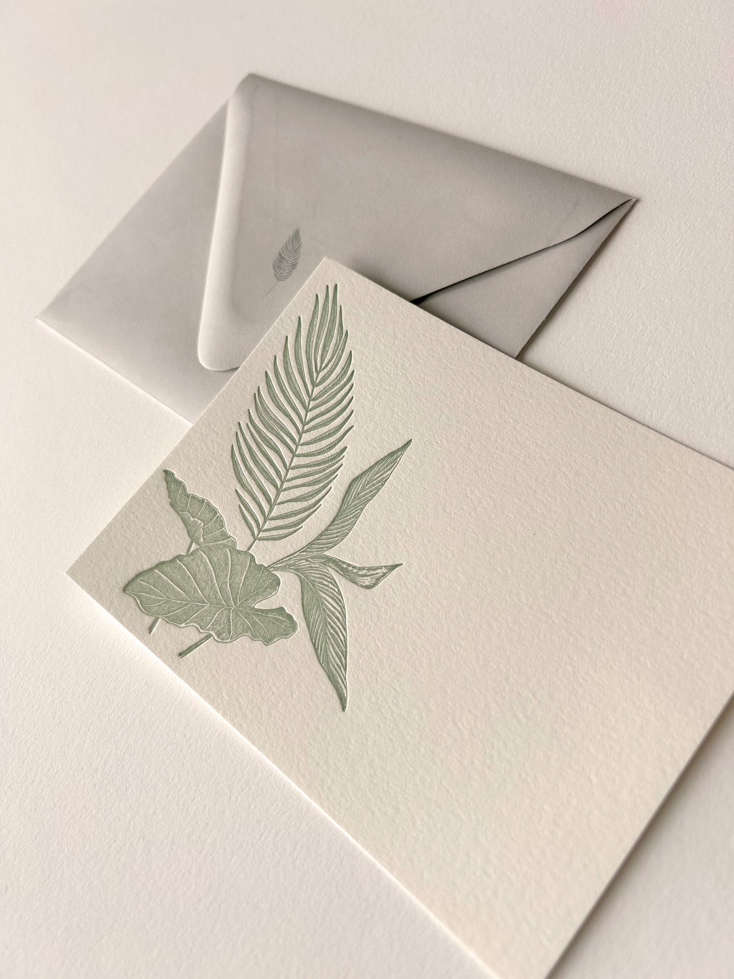 Letterpress tropical green leaf note card with matching grey envelope by Rust Belt Love