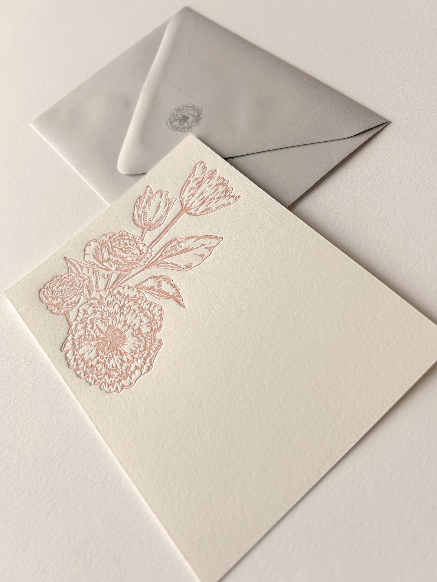 Letterpress flat note card with a peach floral bouquet and matching printed grey envelope by Rust Belt Love